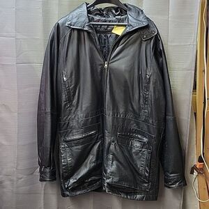 Phase Two black leather hooded jacket/coat, size M